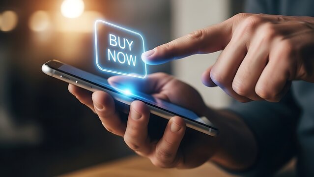 Person interacting with mobile phone screen, buy now shopping