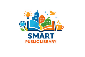 Smart public library logo with open book and cityscape elements