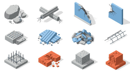 Isometric set of damaged building materials: cracks, rubble, and broken structures