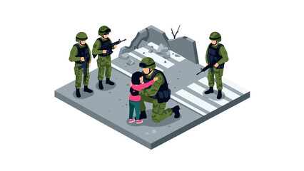 Naklejka premium Soldiers protecting civilians in war zone isometric illustration