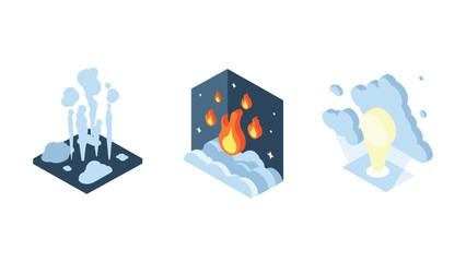 Isometric weather icons: steam, flames, clouds with light