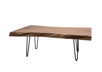 dark walnut coffee table featuring a thick live edge slab top and deep grain texture, supported by three slender matte black hairpin legs on a transparent background, high-end design concept