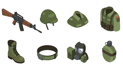 Naklejka premium Military equipment collection: helmet, rifle, gas mask, and more in isometric style