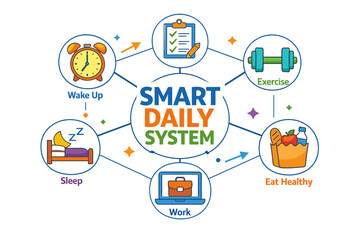 Smart daily system infographic: wake up, exercise, eat healthy, work, sleep routine