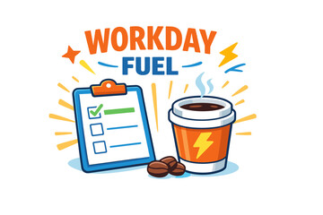 Workday motivation: energizing coffee cup and productivity checklist illustration