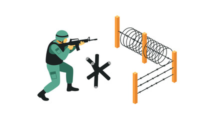 Naklejka premium Isometric military soldier with rifle defending barrier and barbed wire