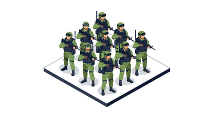 Naklejka premium Isometric military squad in formation with tactical gear and weapons