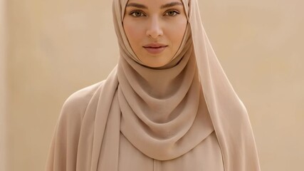 A beautiful woman wears a flowing hijab. Her serene expression conveys elegance and grace.