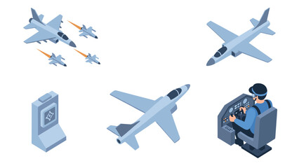 Isometric military aircraft and pilot control room illustration with jet planes