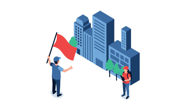 Isometric urban exploration: two people navigating cityscape with red flag