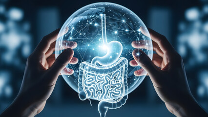 Human hands holding a transparent glass globe with a glowing digestive system illustration inside
