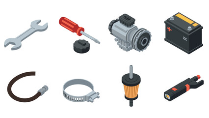 Essential car maintenance tools and parts in isometric design