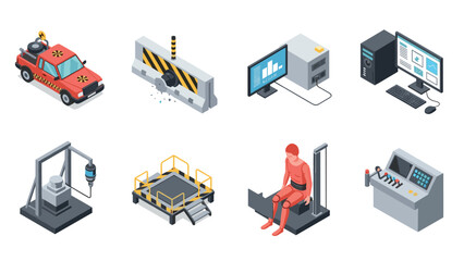 Obraz premium Isometric industrial set with safety equipment and computers in modern factory design