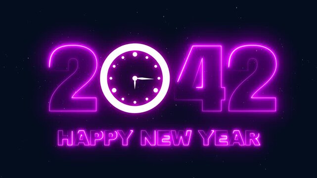 Happy New Year 2042 neon sign with clock striking midnight, futuristic celebration