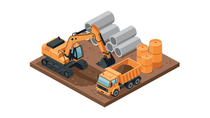 Fototapeta premium Isometric construction site with excavator and dump truck on ground