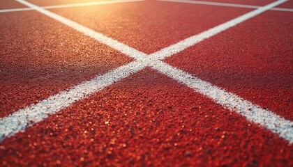 Red textured running track surface with white lines. Athletic competition on stadium or sports field. Focus on ground texture and lane marking.