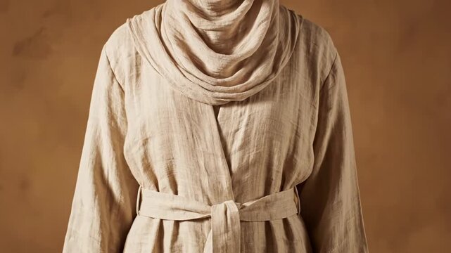 A person adjusts the belt on a flowing linen robe. The garment features a draped cowl neck and natural, earthy tones.