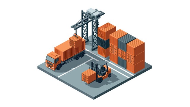 Isometric cargo logistics scene with crane, truck, forklift, and shipping containers