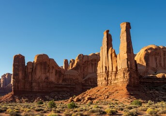 Fototapeta premium Majestic sandstone rock spires rise sharply into the sky under a vast blue expanse, showcasing ancient geological history and raw wilderness, steep, valley, mountain