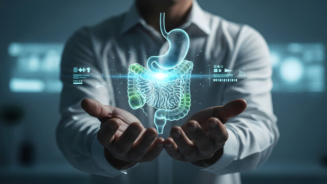 A person holding a digital representation of the human digestive system in their hands, surrounded by a futuristic interface - Powered by Adobe