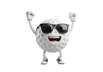 cheerful 3d golf ball mascot character, wearing black sunglasses and athletic shoes, striking a triumphant v-pose with arms raised high, glossy white dimpled skin, isolated on transparent background,