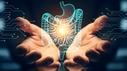 Hands holding a glowing digital representation of the human digestive system