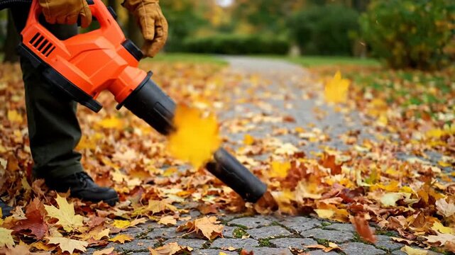 Person blowing autumn leaves with blower,raking,season