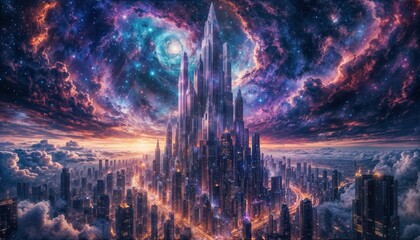 This scene showcases a breathtaking futuristic city filled with tall skyscrapers reaching into a colorful galaxy. The sky is alive with swirling stars and vibrant hues as the sun sets.