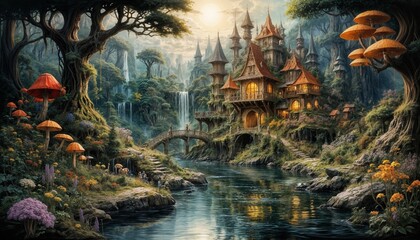 A magical castle is shown nestled in a lush forest at dawn, illuminated by warm lights. A winding river flows peacefully in the foreground, creating a serene atmosphere.