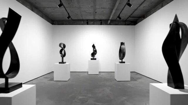 Modern art gallery showcases abstract sculptures on pedestals. Clean white walls and minimalist design highlight the artwork.