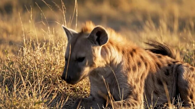 Spotted hyena resting in dry grass,side,view