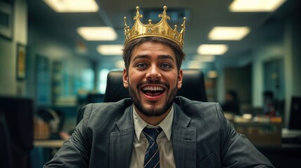 A young man sits at a desk in an office, wearing a crown and smiling. Other people can be seen working in the background. It is a typical workday in a corporate environment.