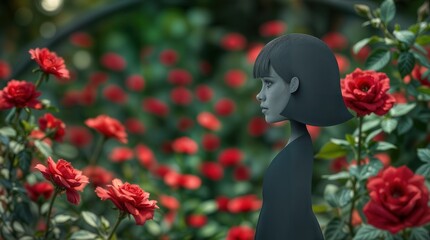 Girl silhouette among red roses in a garden with soft lighting during the evening hours
