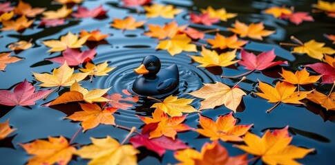A solitary black rubber duck floats amongst vibrant fallen autumn leaves on still water, quiet, single object, floating
