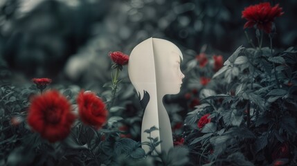 Girl silhouette among red roses in a garden with soft lighting during the evening hours