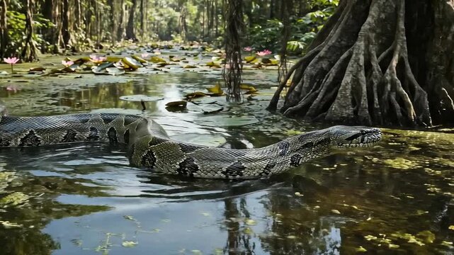 Giant python swims through jungle water,coil,nature
