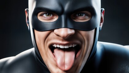 A superhero shows a fun and lively spirit by sticking out their tongue in a dark setting. The superhero's costume reflects their playful nature during this action.