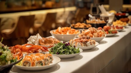A lavish buffet offers an array of dishes, including sushi, seafood, salads, and desserts, beautifully presented in a lively restaurant setting during dinner time.