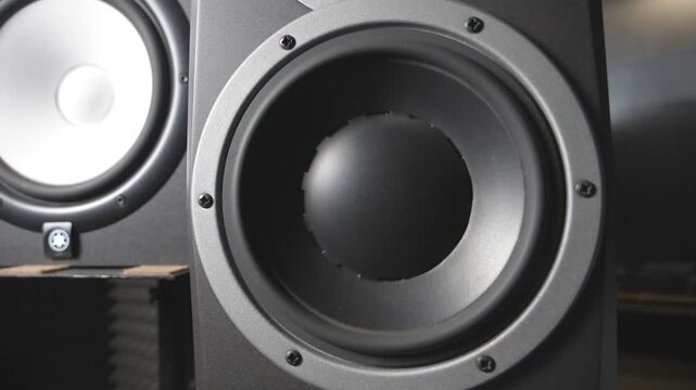 White and black speaker pulsating and vibrating from sound on low frequency. Close up of moving sub-woofers on recording studio. Work of modern high fidelity loudspeaker membranes. Slow motion