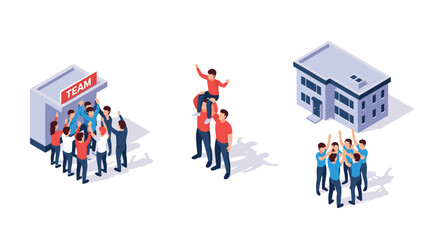 Isometric office team building and teamwork collaboration activities