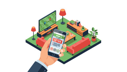 Isometric living room scene with mobile sports betting and soccer on tv