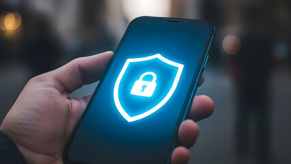 A hand holding a smartphone displaying a glowing shield with a lock icon on its screen in a blurred outdoor setting