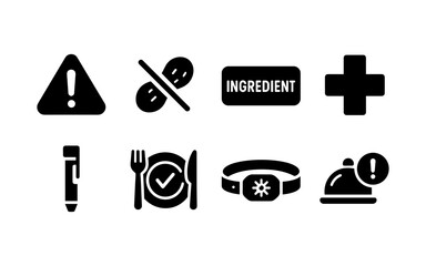 Collection of health and allergy warning icons including a warning sign, no peanuts, and medical symbols