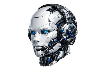 Humanoid cyborg head wearing headset with glowing blue eyes, artificial intelligence and futuristic technology concept