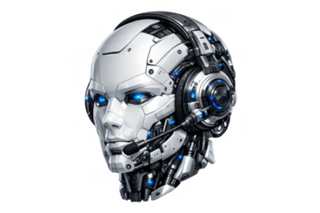 Humanoid cyborg head wearing headset with glowing blue eyes, artificial intelligence and futuristic technology concept