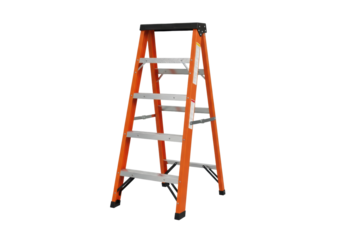 a brand-new, bright safety orange aluminum two-step folding utility ladder stands upright in a clean commercial studio on a transparent background, conveying diy and home improvement utility