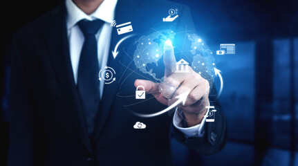 Worldwide digital payment network showing secure financial transactions. Digital payment supports transfer, digital payment ensures security, boosts convenience, drives global finance. Vouch