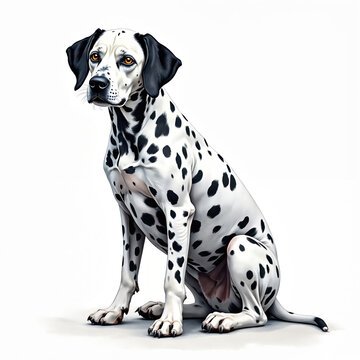 White dalmatian dog with black spots sits indoors. This breed is known for its distinctive coat and energetic nature, making it a popular choice for families.
