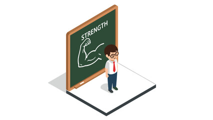 Isometric office scene with motivational board displaying strong arm illustration