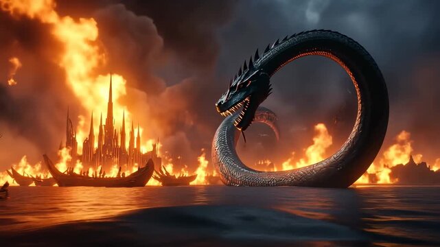 Giant sea serpent engages viking ships in fiery ocean battle at dusk